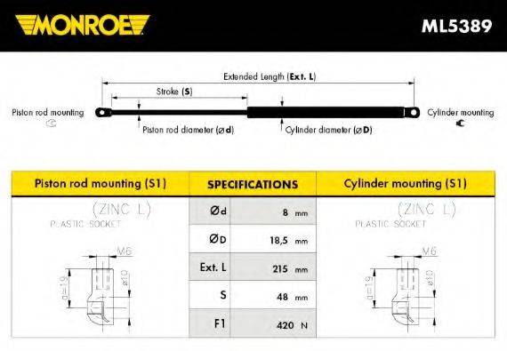Амортизатор капота MONROE ML5389
