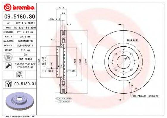 Тормозной диск BREMBO 09.5180.31