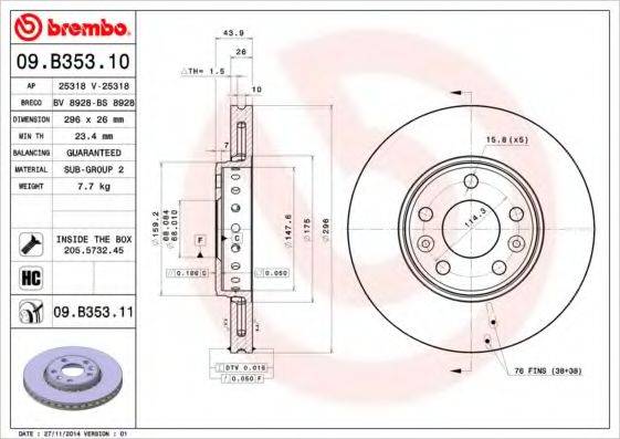 гальмівний диск BREMBO 09.B353.10